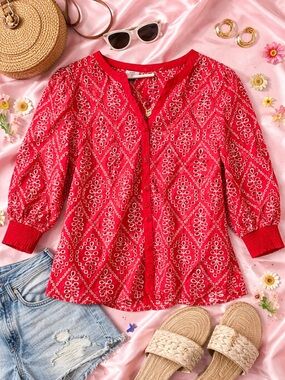 Cabi Red Eyelet Blouse Size L Embroidered Boho Top Button Front